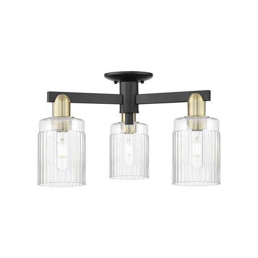 Innovations Hadley 22in 3-Light Semi-Flush Mount | Industrial Black Antique Brass and Clear Ribbed Glass | Entryway & Hallway | 22 | Model 716-3F-BAB-G342