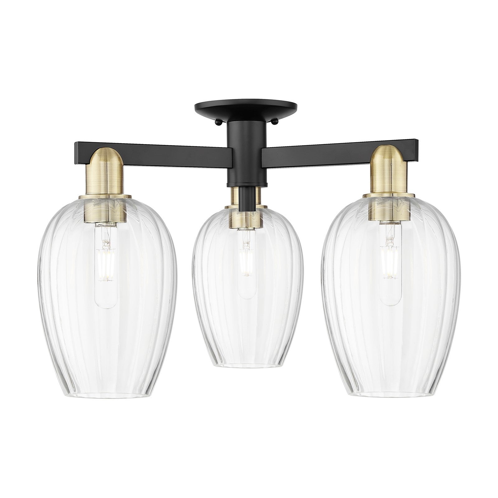 Innovations Preston Flute 24in 3-Light Semi-Flush Mount | Industrial Black Antique Brass and Clear Glass | Entryway & Hallway | Model 716-3F-BAB-G457-6CL