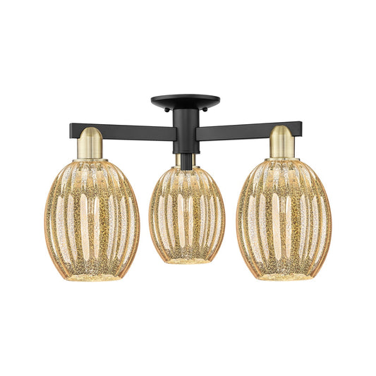Innovations Preston Bulb 24in 3-Light Semi-Flush Mount | Industrial Black Antique Brass and Mercury Glass | Entryway & Hallway | Model 716-3F-BAB-G459-6ME