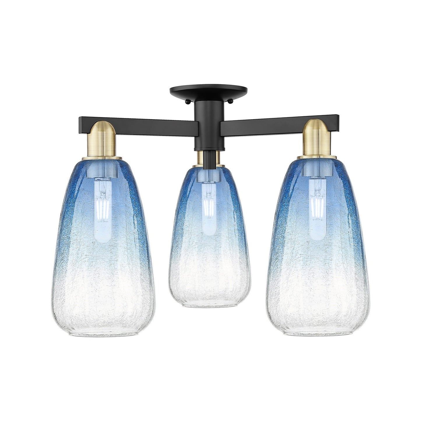 Innovations Brookhaven Almond 23.5in 3-Light Semi-Flush Mount | Industrial Black Antique Brass and Sapphire Blue Glass | Model 716-3F-BAB-G480-6SB