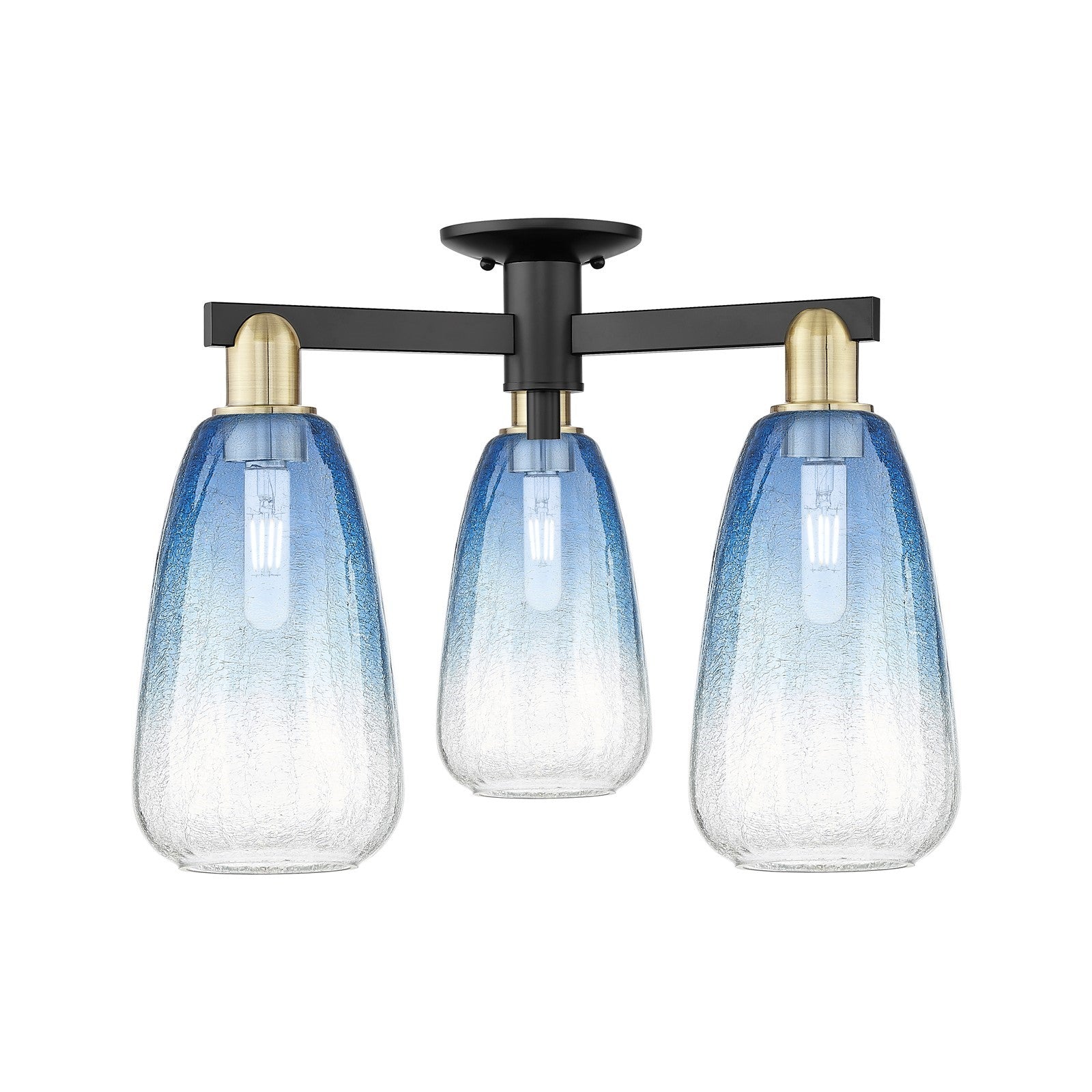 Innovations Brookhaven Almond 23.5in 3-Light Semi-Flush Mount | Industrial Black Antique Brass and Sapphire Blue Glass | Model 716-3F-BAB-G480-6SB