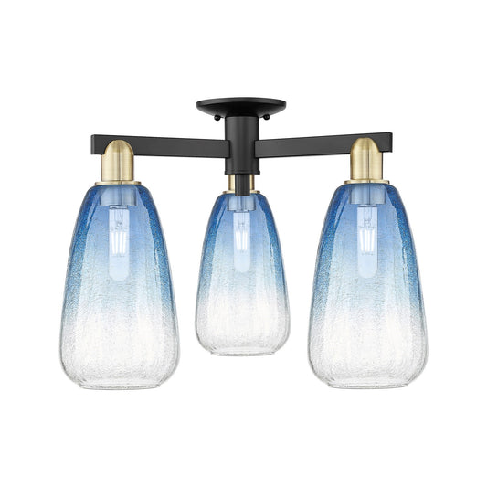 Innovations Brookhaven Almond 23.5in 3-Light Semi-Flush Mount | Industrial Black Antique Brass and Sapphire Blue Glass | Model 716-3F-BAB-G480-6SB