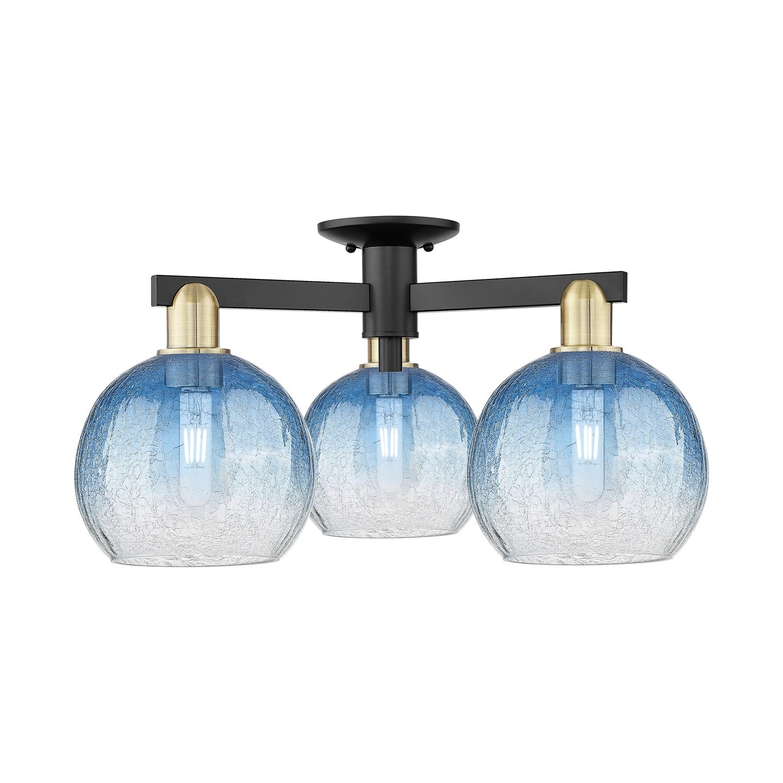 Innovations Brookhaven Globe 25.5in 3-Light Semi-Flush Mount | Industrial Black Antique Brass and Sapphire Blue Glass | Living | Model 716-3F-BAB-G483-8SB