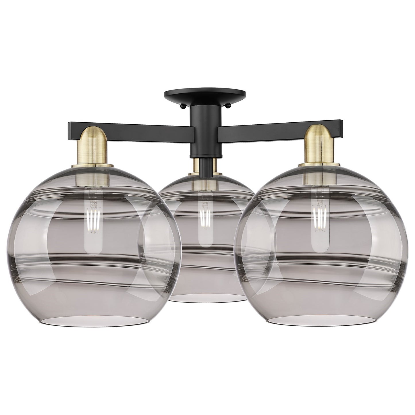 Innovations Rochester 28in 3-Light Semi-Flush Mount | Industrial Black Antique Brass and Light Smoke Glass | Living Room & | Model 716-3F-BAB-G556-10SM