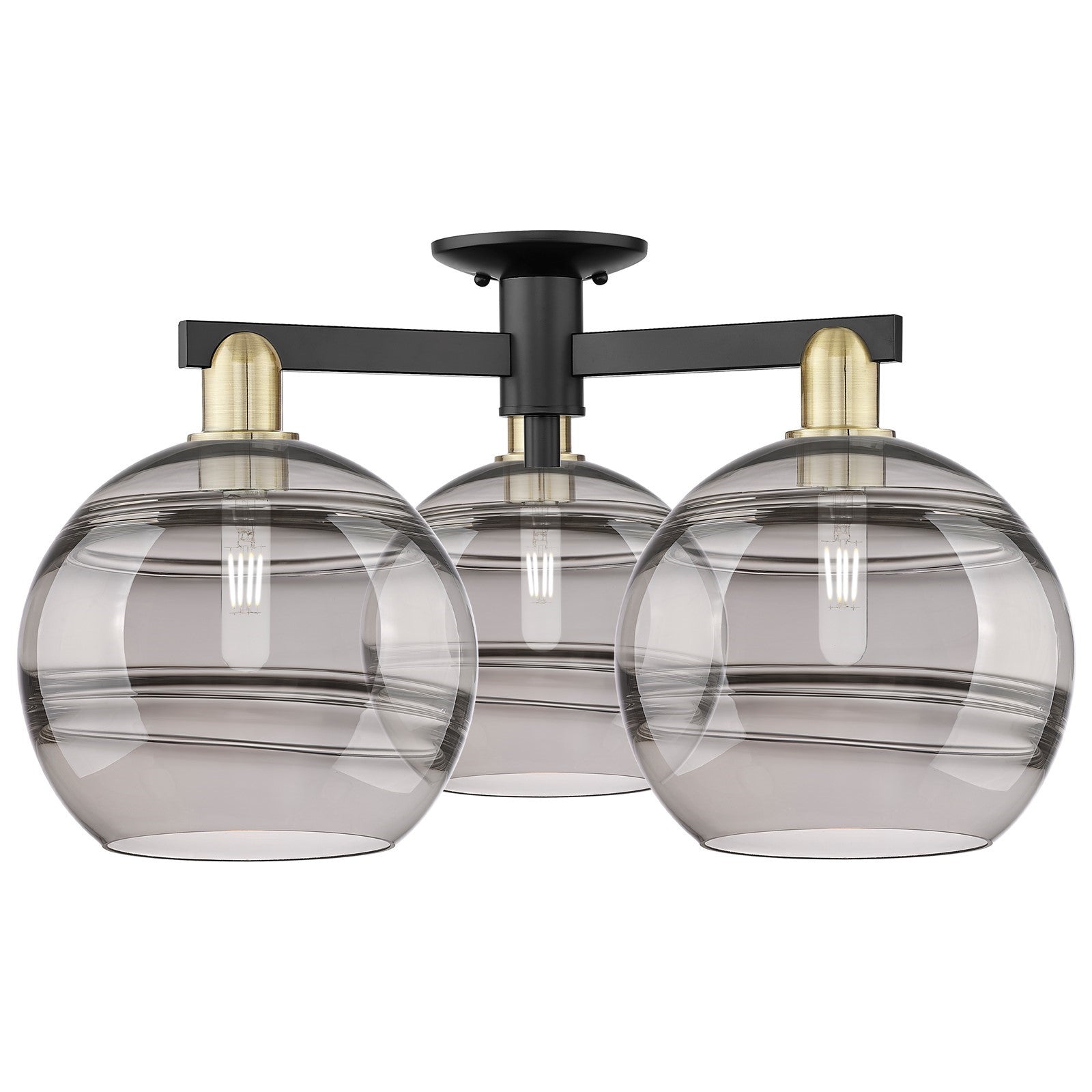 Innovations Rochester 28in 3-Light Semi-Flush Mount | Industrial Black Antique Brass and Light Smoke Glass | Living Room & | Model 716-3F-BAB-G556-10SM