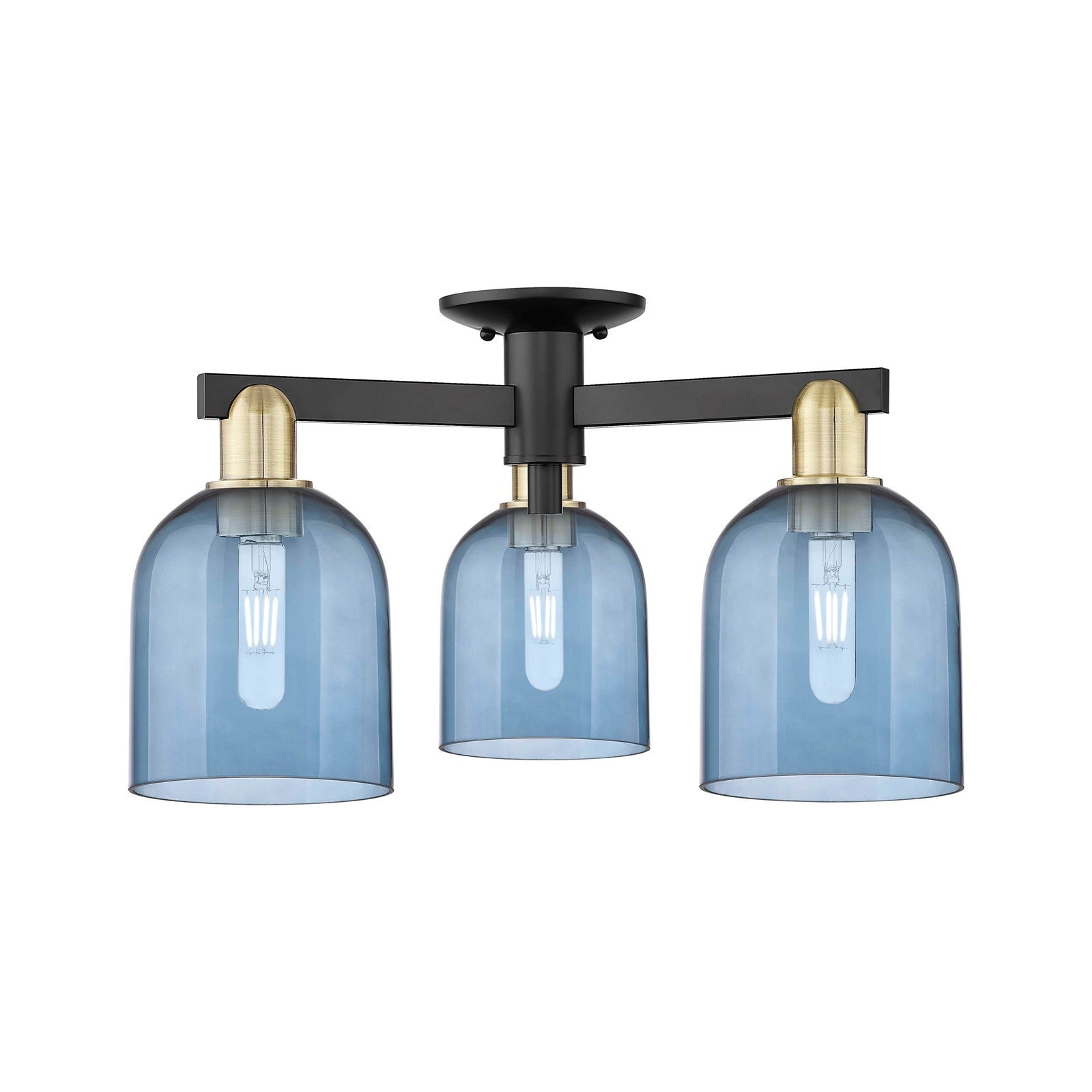 Innovations Bella 23in 3-Light Semi-Flush Mount | Industrial Black Antique Brass Steel and Blue Glass | Kitchen & Hallway | 23 | Model 716-3F-BAB-G558-6BL