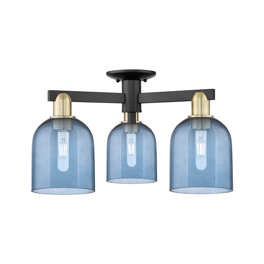 Innovations Bella 23in 3-Light Semi-Flush Mount | Industrial Black Antique Brass Steel and Blue Glass | Kitchen & Hallway | 23 | Model 716-3F-BAB-G558-6BL