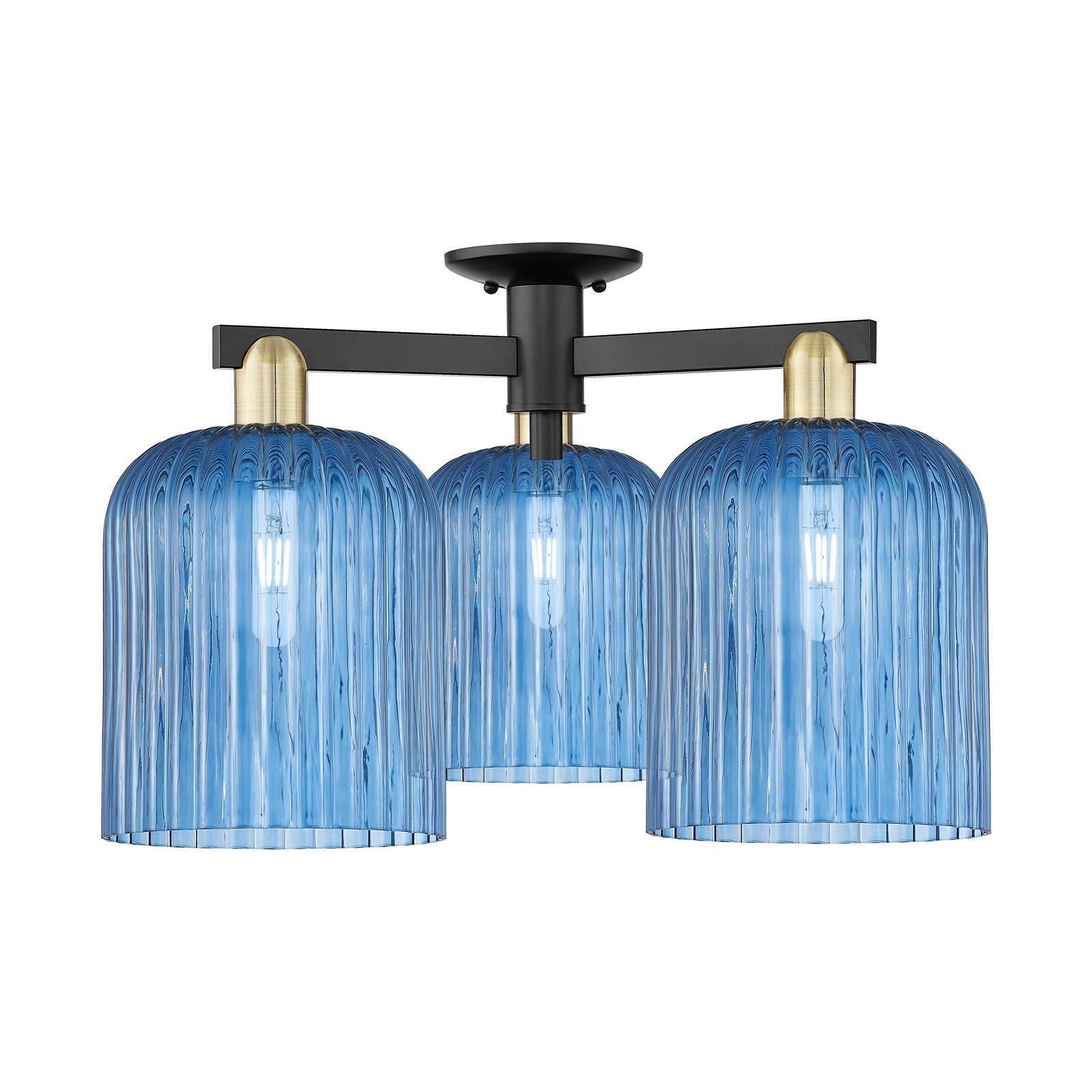 Innovations Bridal Veil 26in 3-Light Semi-Flush Mount | Industrial Black Antique Brass and Princess Blue Ribbed Glass | Model 716-3F-BAB-G559-8BL
