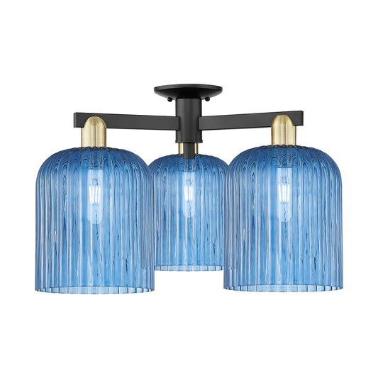 Innovations Bridal Veil 26in 3-Light Semi-Flush Mount | Industrial Black Antique Brass and Princess Blue Ribbed Glass | Model 716-3F-BAB-G559-8BL