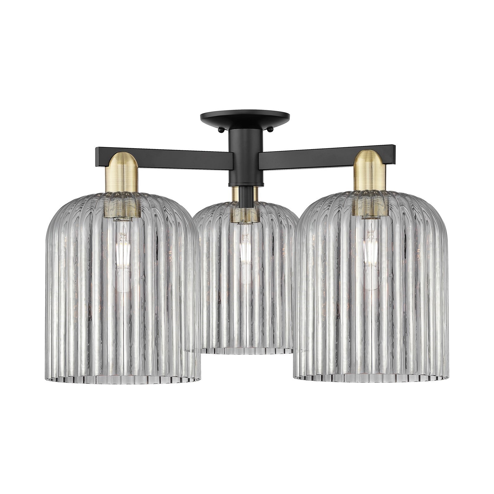 Innovations Bridal Veil 26in 3-Light Semi-Flush Mount | Industrial Black Antique Brass and Light Smoke Ribbed Glass | Living | Model 716-3F-BAB-G559-8SM