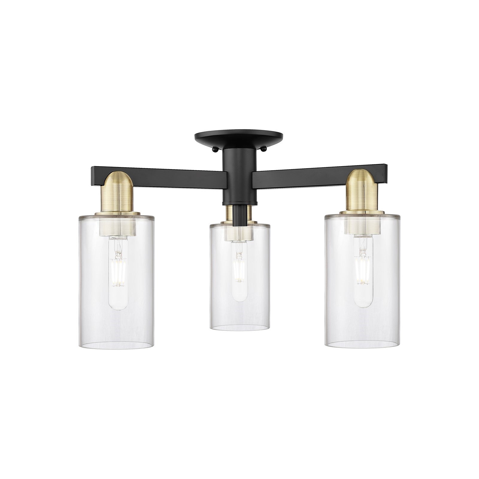 Innovations Clymer 21in 3-Light Semi-Flush Mount | Industrial Black Antique Brass Steel and Clear Glass | Entryway & Hallway | Model 716-3F-BAB-G802