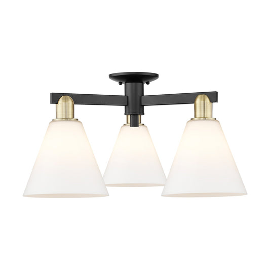 Innovations Berkshire Glass 26in 3-Light Semi-Flush Mount | Industrial Black Antique Brass and Matte White Glass | Living Room & | Model 716-3F-BAB-GBC-81