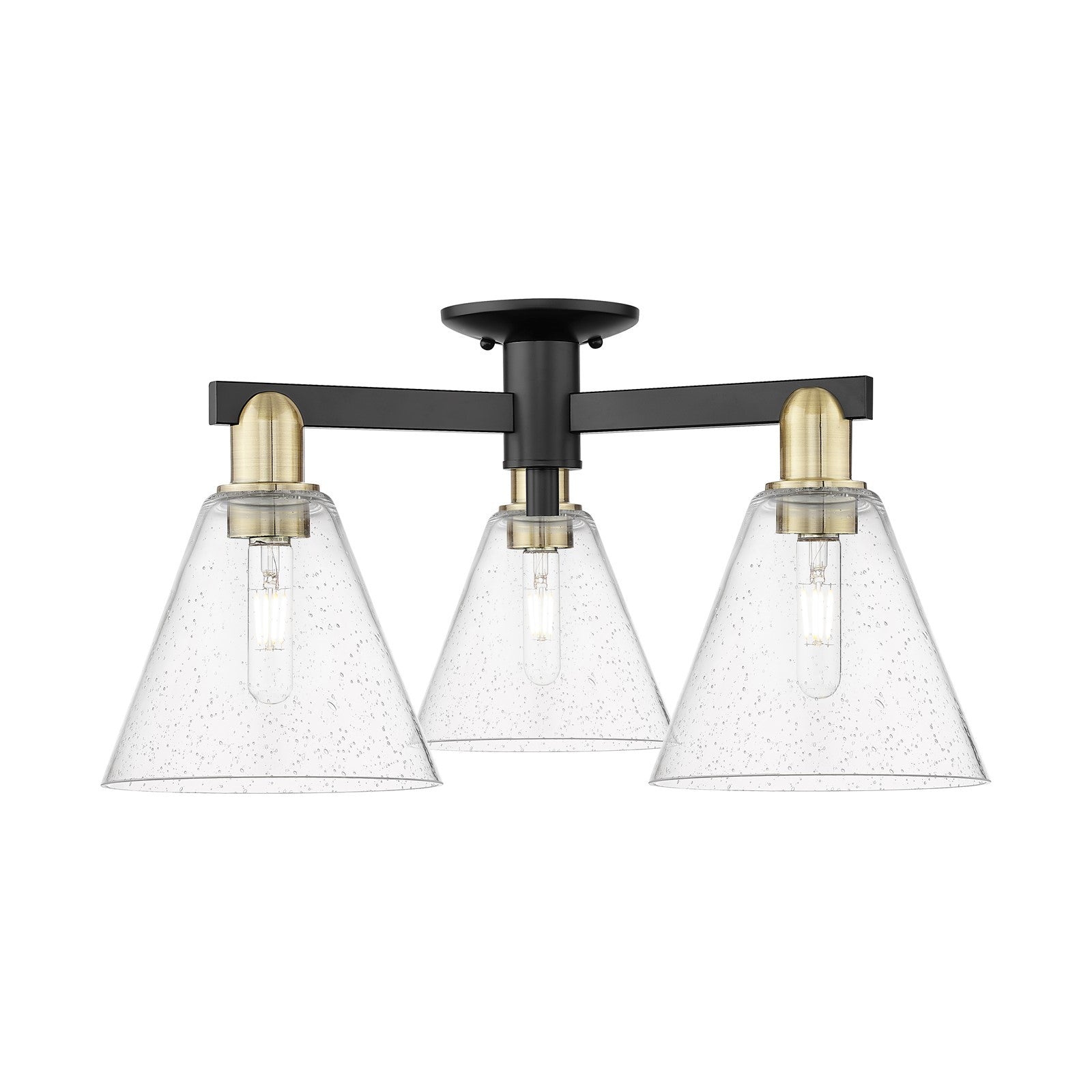 Innovations Berkshire Glass 26in 3-Light Semi-Flush Mount | Industrial Black Antique Brass Steel and Seedy Cone Glass | Kitchen | Model 716-3F-BAB-GBC-84