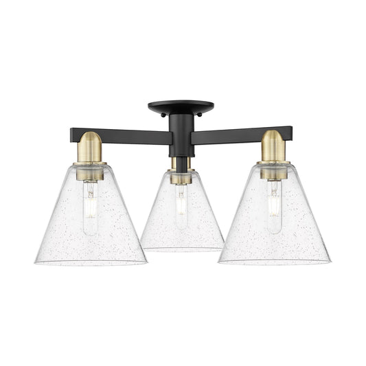 Innovations Berkshire Glass 26in 3-Light Semi-Flush Mount | Industrial Black Antique Brass Steel and Seedy Cone Glass | Kitchen | Model 716-3F-BAB-GBC-84