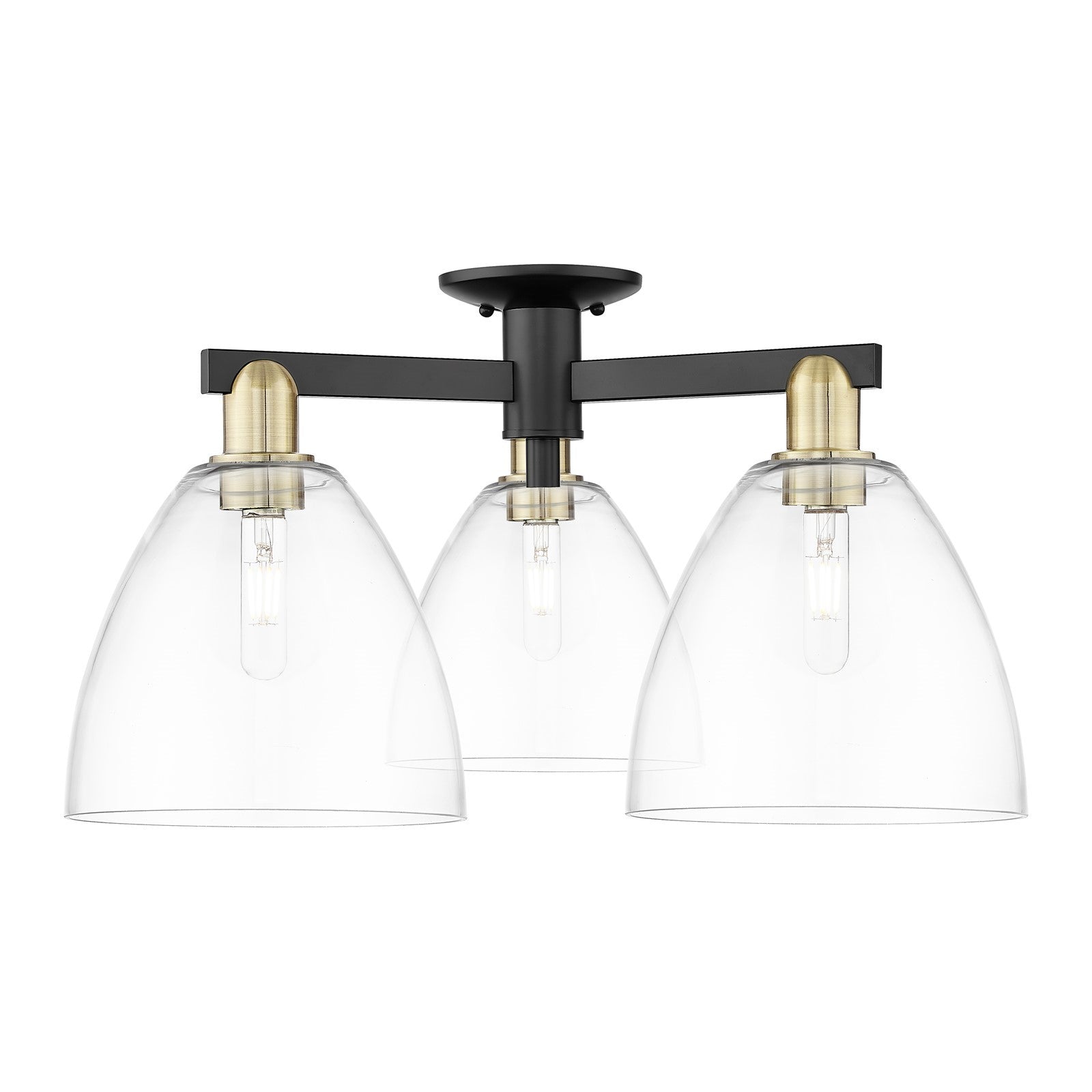 Innovations Bristol 27in 3-Light Semi-Flush Mount | Industrial Black Antique Brass Steel and Clear Glass | Kitchen & Hallway | Model 716-3F-BAB-GBD-92