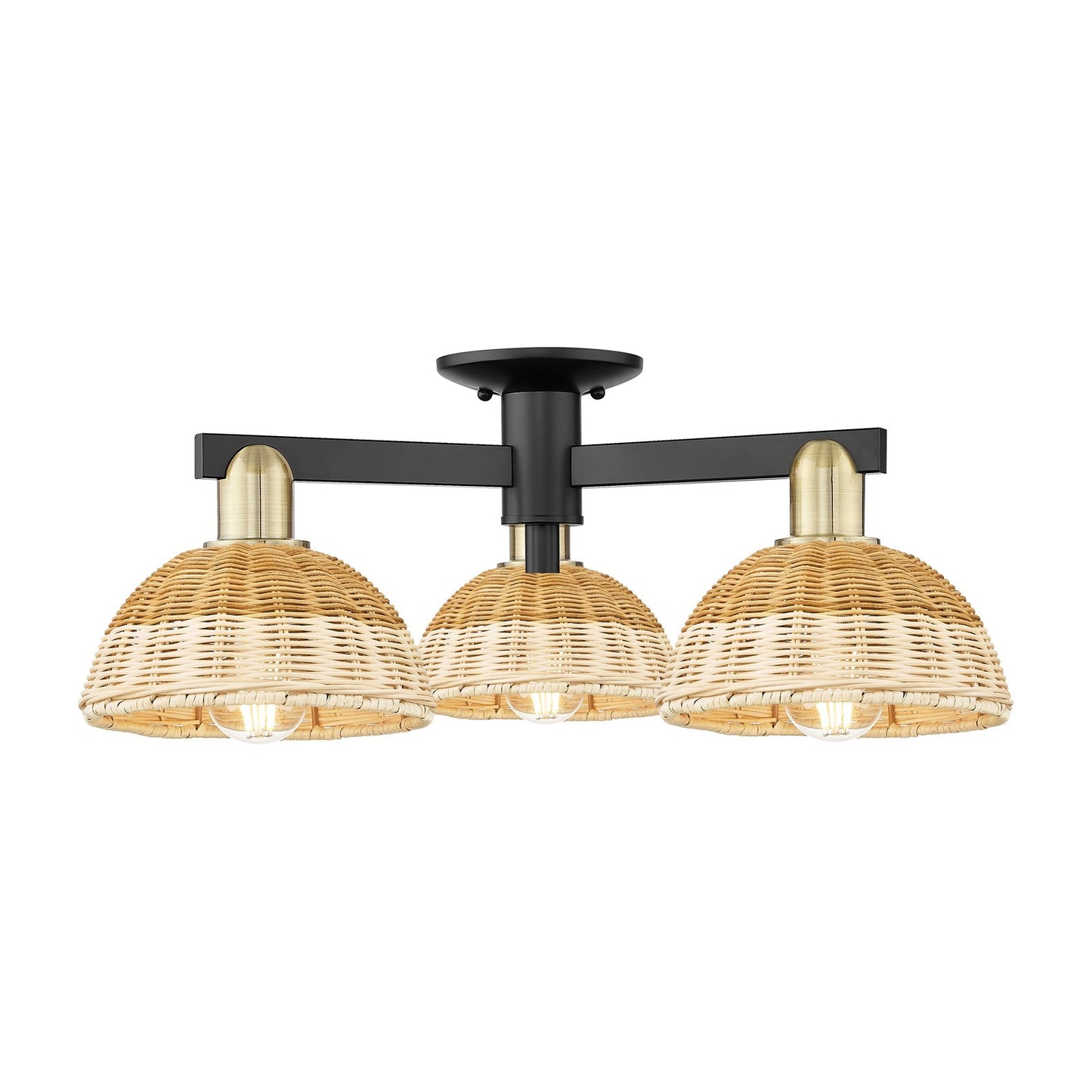 Innovations Natural Ballston Dome 25in 3-Light Semi-Flush Mount | Farmhouse Black Antique Brass and Natural Fiber | Model 716-3F-BAB-NBD2-75-NAT