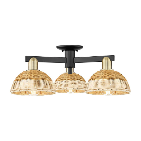 Innovations Natural Ballston Dome 25in 3-Light Semi-Flush Mount | Farmhouse Black Antique Brass and Natural Fiber | Model 716-3F-BAB-NBD2-75-NAT