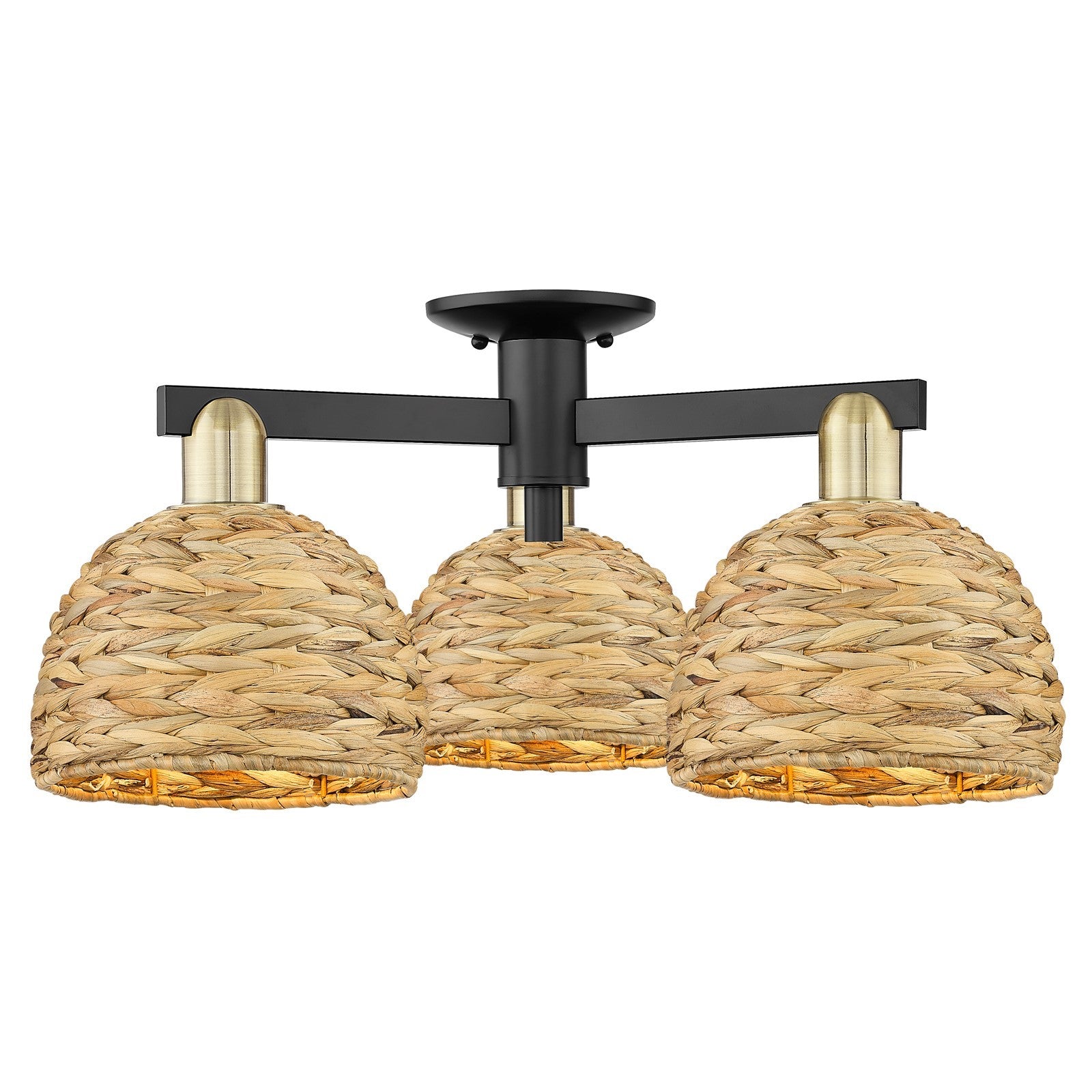 Innovations Woven Rattan 26in 3-Light Semi-Flush Mount | Industrial Black Antique Brass and Natural Rattan | Entryway & | Model 716-3F-BAB-RBD-8-NAT
