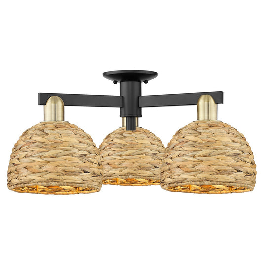 Innovations Woven Rattan 26in 3-Light Semi-Flush Mount | Industrial Black Antique Brass and Natural Rattan | Entryway & | Model 716-3F-BAB-RBD-8-NAT