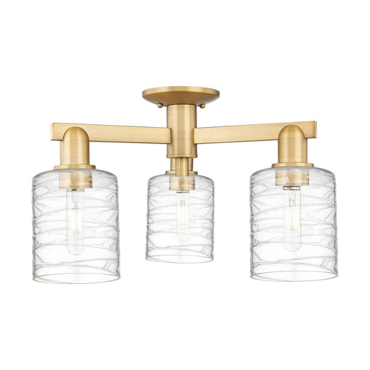 Innovations Cobbleskill 23in 3-Light Semi-Flush | Industrial Brushed Brass and Deco Swirl Clear Glass | Kitchen & Hallway | 22.5 x | Model 716-3F-BB-G1113