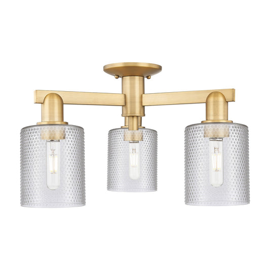 Innovations Cobbleskill 23in 3-Light Semi-Flush Mount | Industrial Brushed Brass Steel and Clear Cobbleskill Glass | Damp-Rated | Model 716-3F-BB-G112