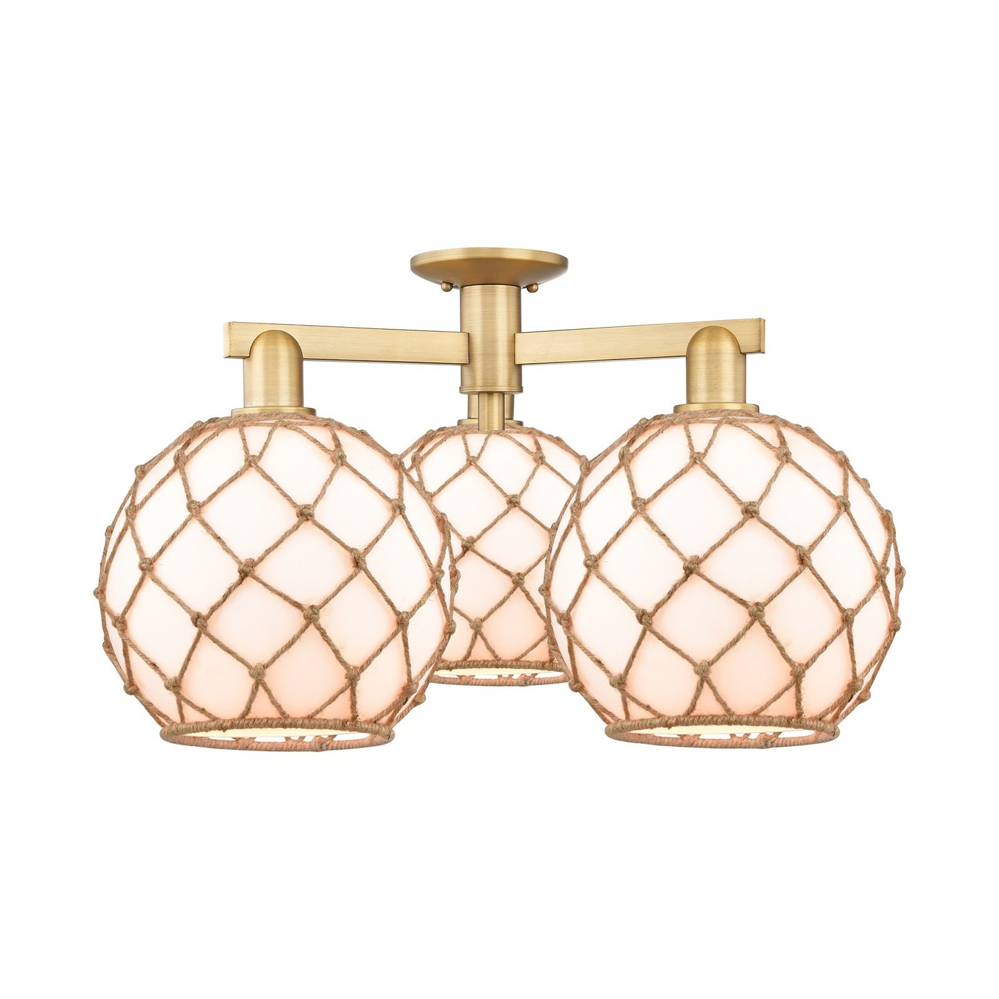 Innovations Farmhouse Rope 28in 3-Light Semi-Flush Mount | Industrial Brushed Brass Steel and Matte White Glass with Brown | Model 716-3F-BB-G121-10RB