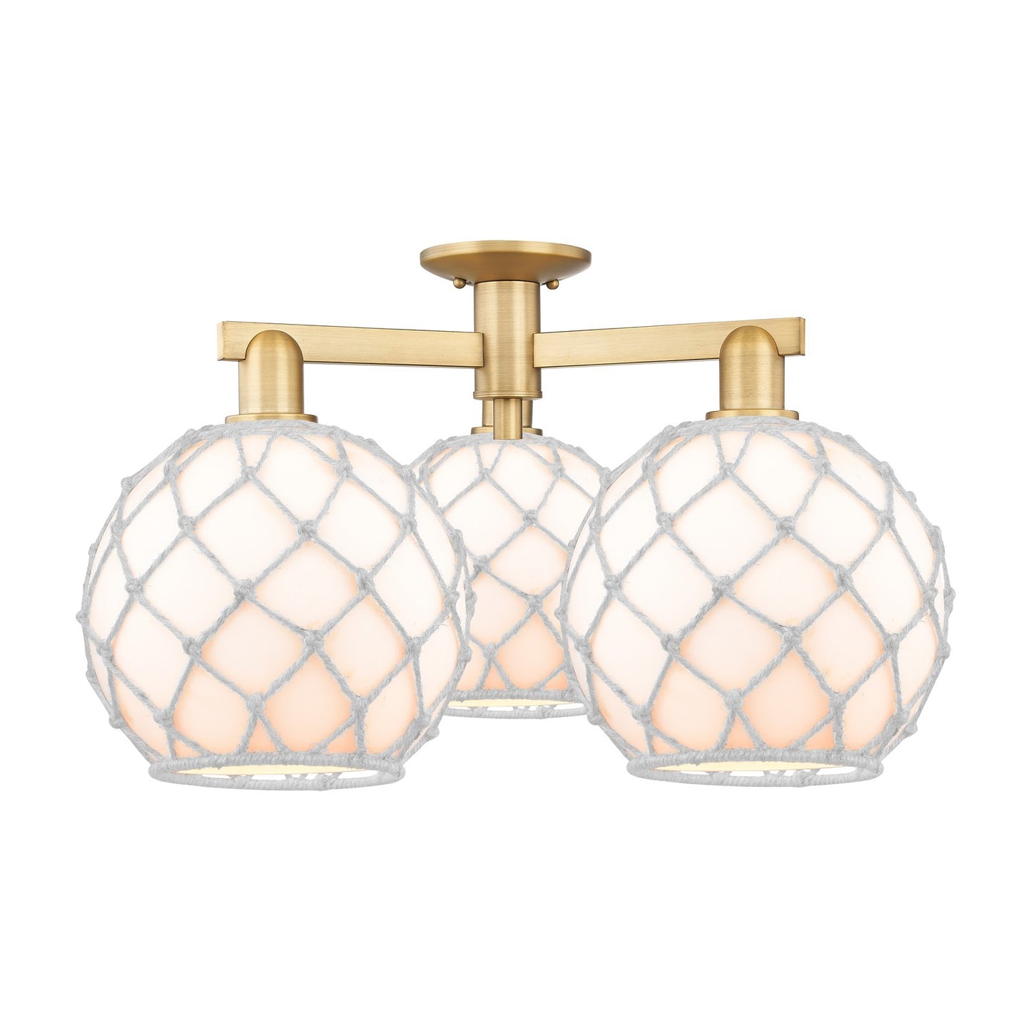 Innovations Farmhouse Rope 28in 3-Light Semi-Flush Mount | Industrial Brushed Brass Steel and White Glass with Rope Shade | Model 716-3F-BB-G121-10RW