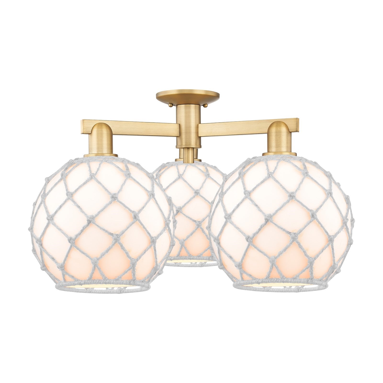 Innovations Farmhouse Rope 28in 3-Light Semi-Flush Mount | Industrial Brushed Brass Steel and White Glass with Rope Shade | Model 716-3F-BB-G121-10RW