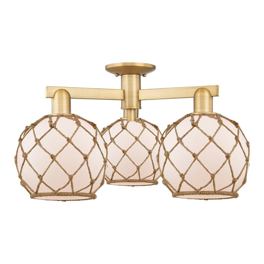 Innovations Farmhouse Rope 26in 3-Light Semi-Flush Mount | Industrial Brushed Brass Steel and White Frosted Glass with Brown | Model 716-3F-BB-G121-8RB