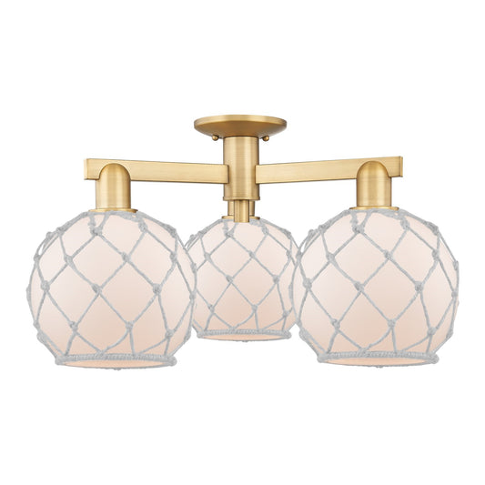 Innovations Farmhouse Rope 26in 3-Light Semi-Flush Mount | Industrial Brushed Brass Steel and White Frosted Glass with Rope | Model 716-3F-BB-G121-8RW