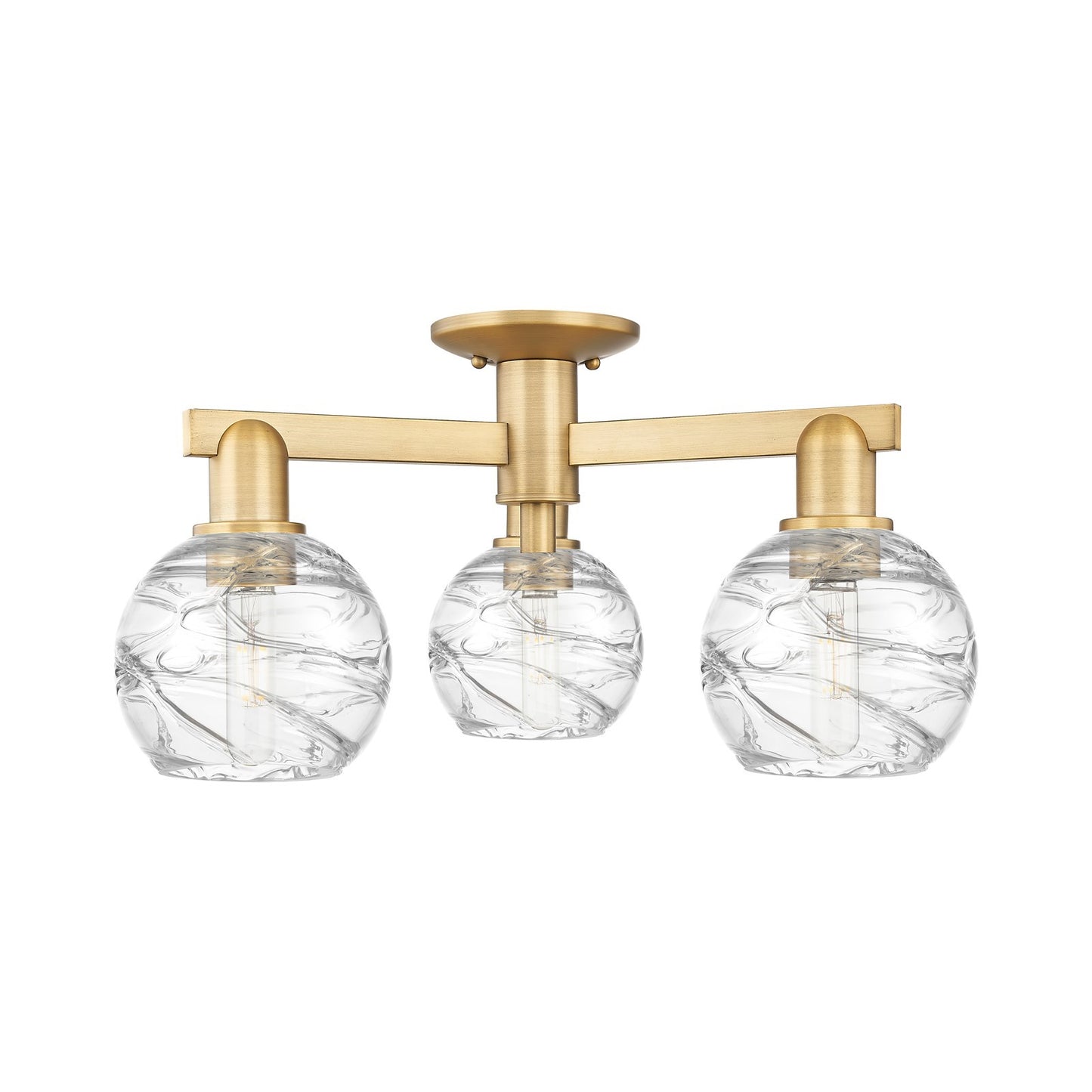 Innovations Athens Deco Swirl 23.38in 3-Light Semi-Flush Mount | Industrial Brushed Brass and Clear Deco Swirl Glass | Living | Model 716-3F-BB-G1213-6CL