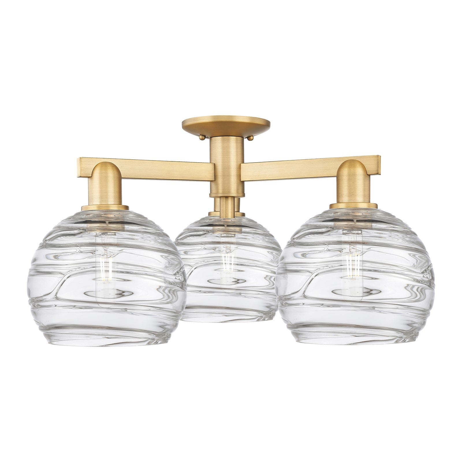 Innovations Athens Deco Swirl 26in 3-Light Semi-Flush Mount | Industrial Brushed Brass Steel and Clear Deco Swirl Glass | Model 716-3F-BB-G1213-8CL