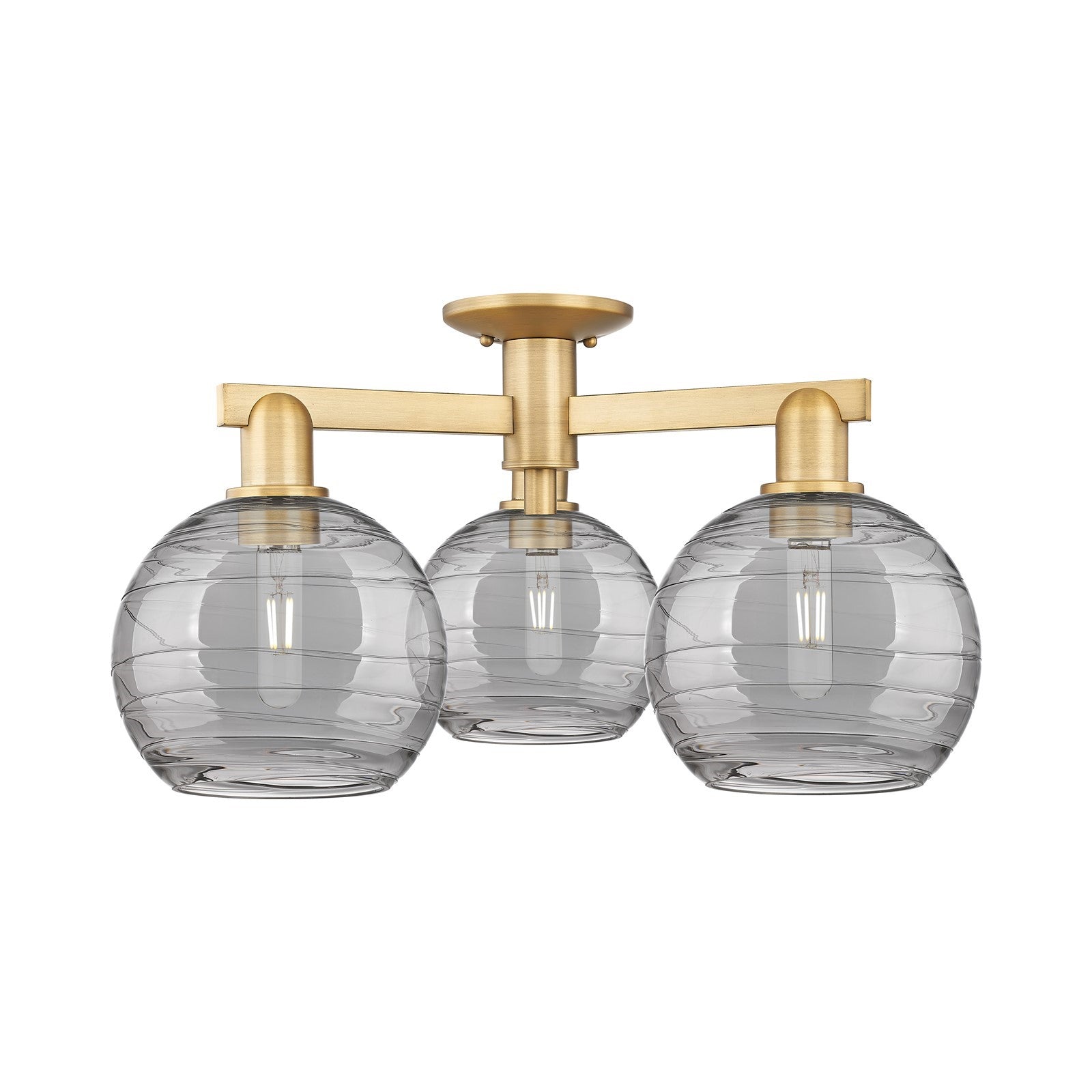 Innovations Athens Deco Swirl 26in 3-Light Semi-Flush Mount | Industrial Brushed Brass and Light Smoke Glass | Entryway & | Model 716-3F-BB-G1213-8SM