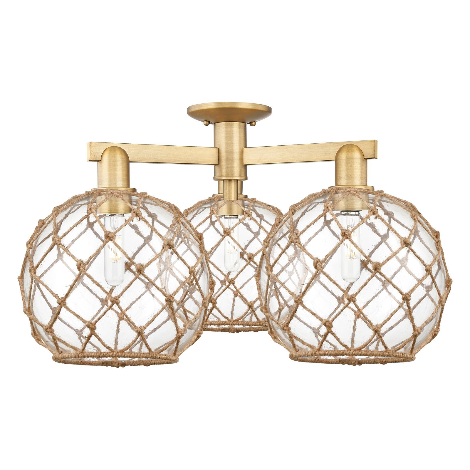 Innovations Farmhouse Rope 28in 3-Light Semi-Flush Mount | Industrial Brushed Brass and Clear Glass with Brown Rope | Entryway | Model 716-3F-BB-G122-10RB
