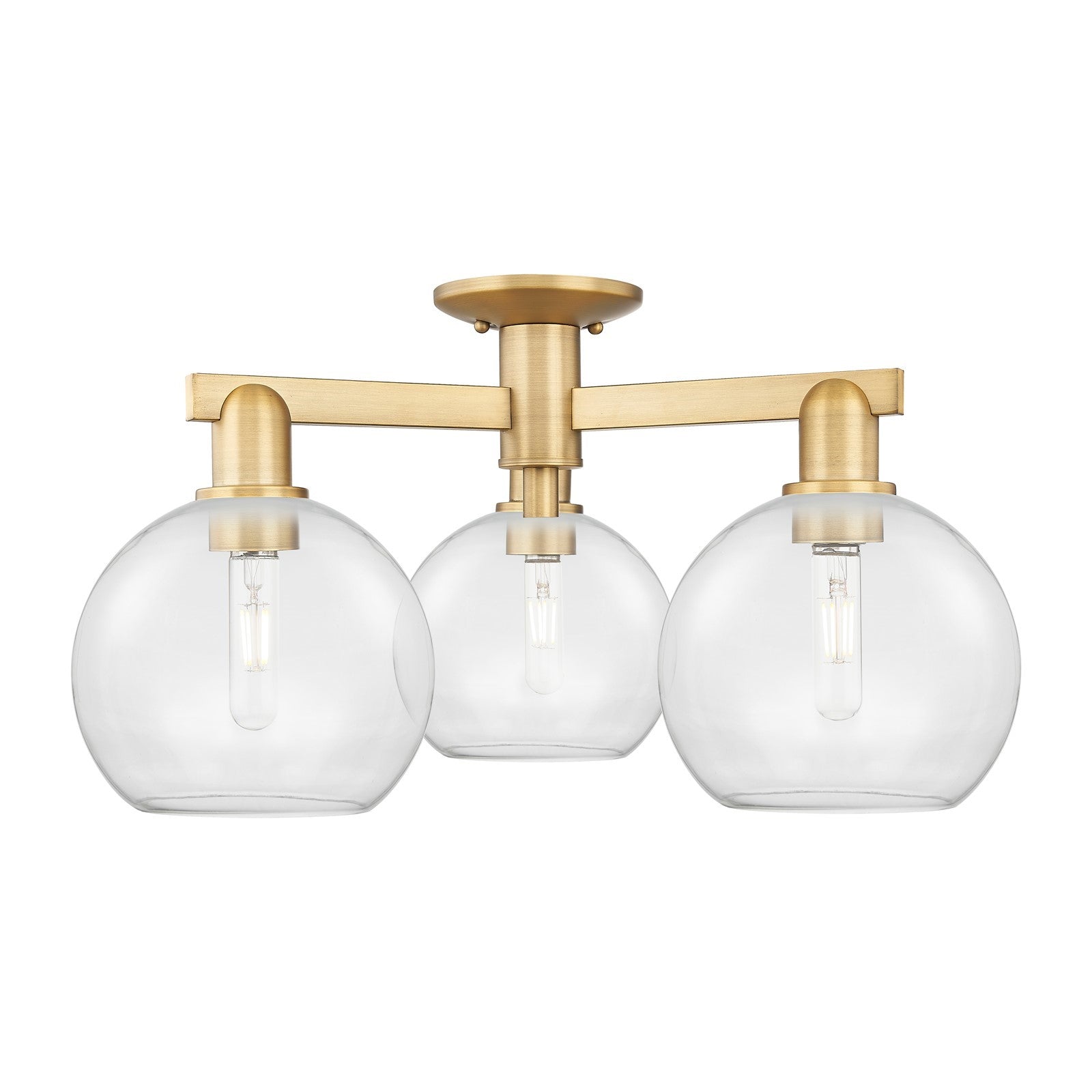 Innovations Athens 26in 3-Light Semi-Flush Mount | Industrial Brushed Brass Steel and Clear Glass | Entryway & Hallway | 25.5 x | Model 716-3F-BB-G122-8