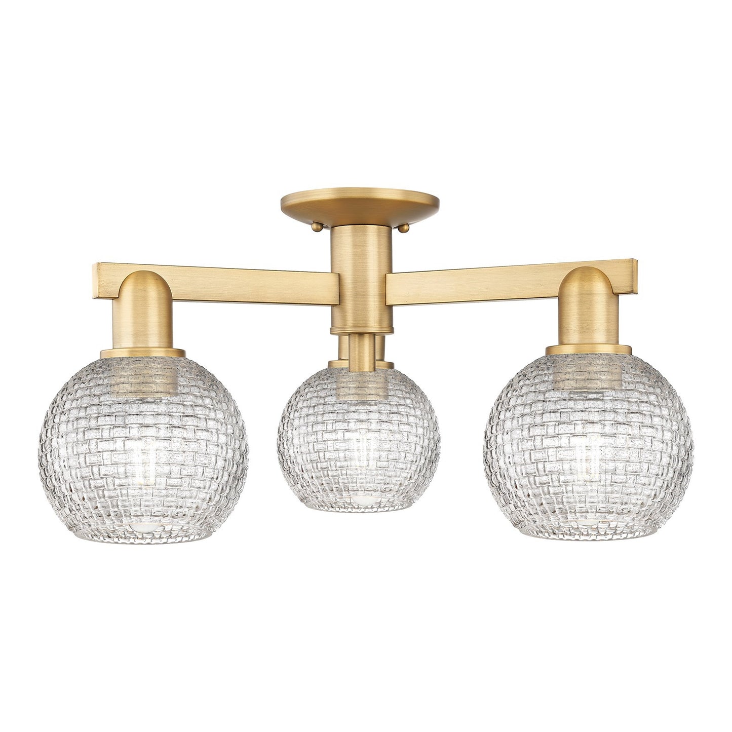 Innovations Athens 23in 3-Light Semi-Flush Mount | Industrial Brushed Brass and Clear Basket Weave Glass | Entryway & Hallway | Model 716-3F-BB-G122C-6CL