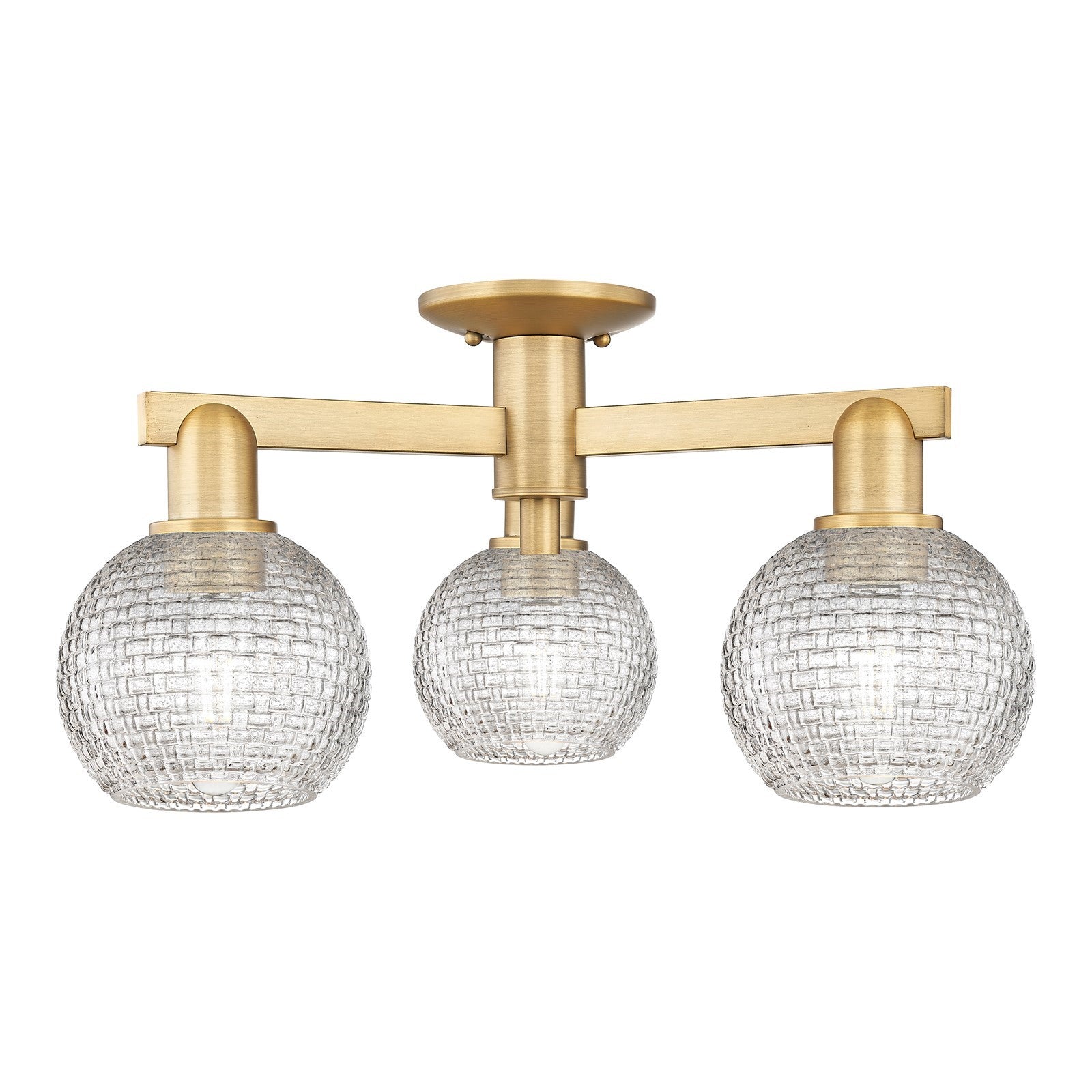 Innovations Athens 23in 3-Light Semi-Flush Mount | Industrial Brushed Brass and Clear Basket Weave Glass | Entryway & Hallway | Model 716-3F-BB-G122C-6CL