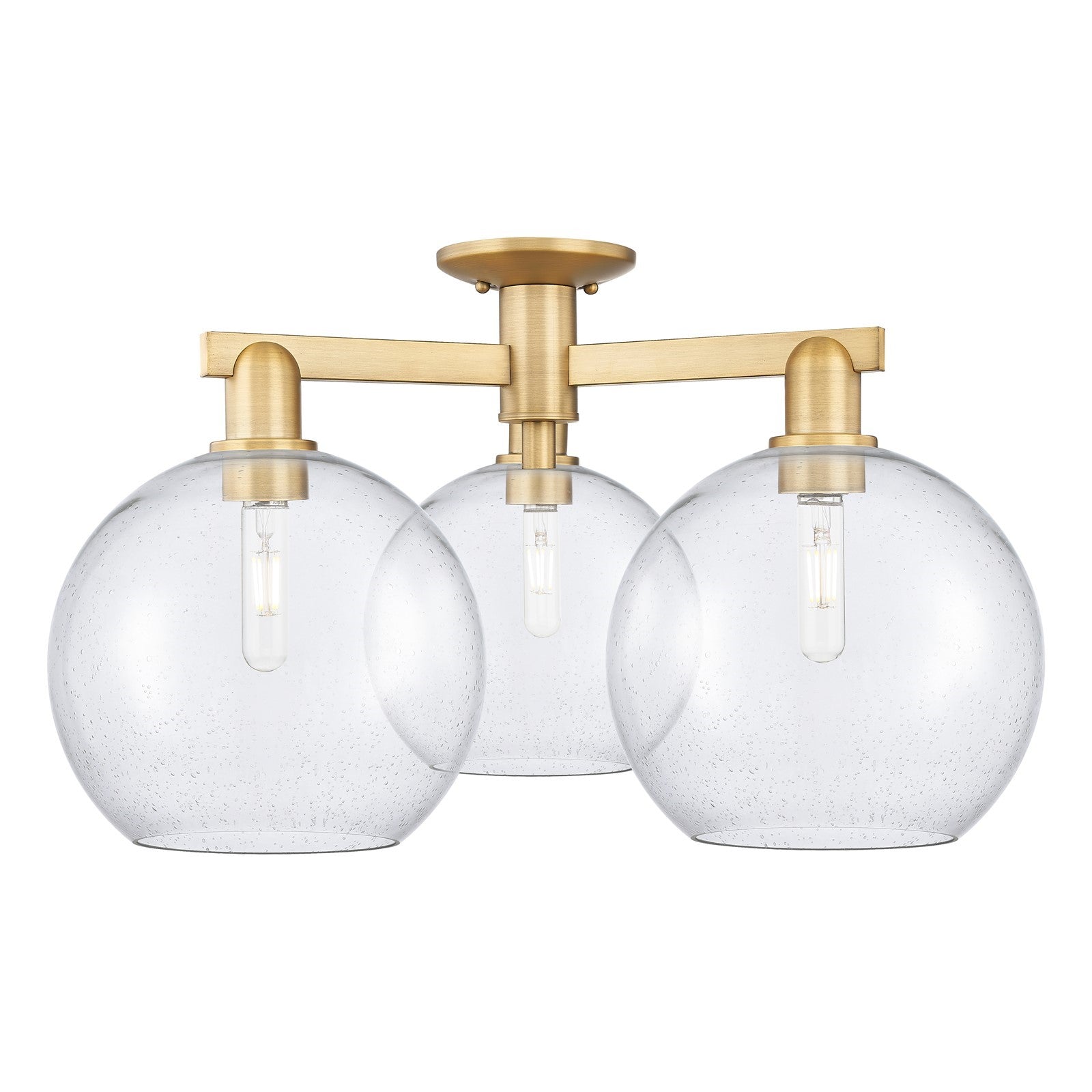 Innovations Athens 28in 3-Light Semi-Flush Mount | Industrial Brushed Brass Steel and Seedy Glass | Kitchen & Foyer | 27.5 x | Model 716-3F-BB-G124-10