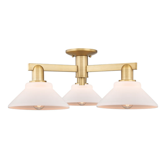 Innovations Orwell 26in 3-Light Semi-Flush Mount | Industrial Brushed Brass Steel and Matte White Glass | Kitchen & Hallway | 25.88 | Model 716-3F-BB-G131