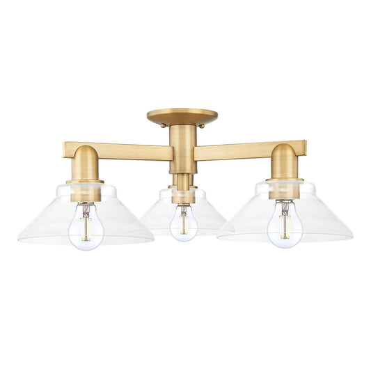 Innovations Orwell 26in 3-Light Semi-Flush Mount | Industrial Brushed Brass Steel and Clear Glass | Entryway & Hallway | 25.88 x | Model 716-3F-BB-G132
