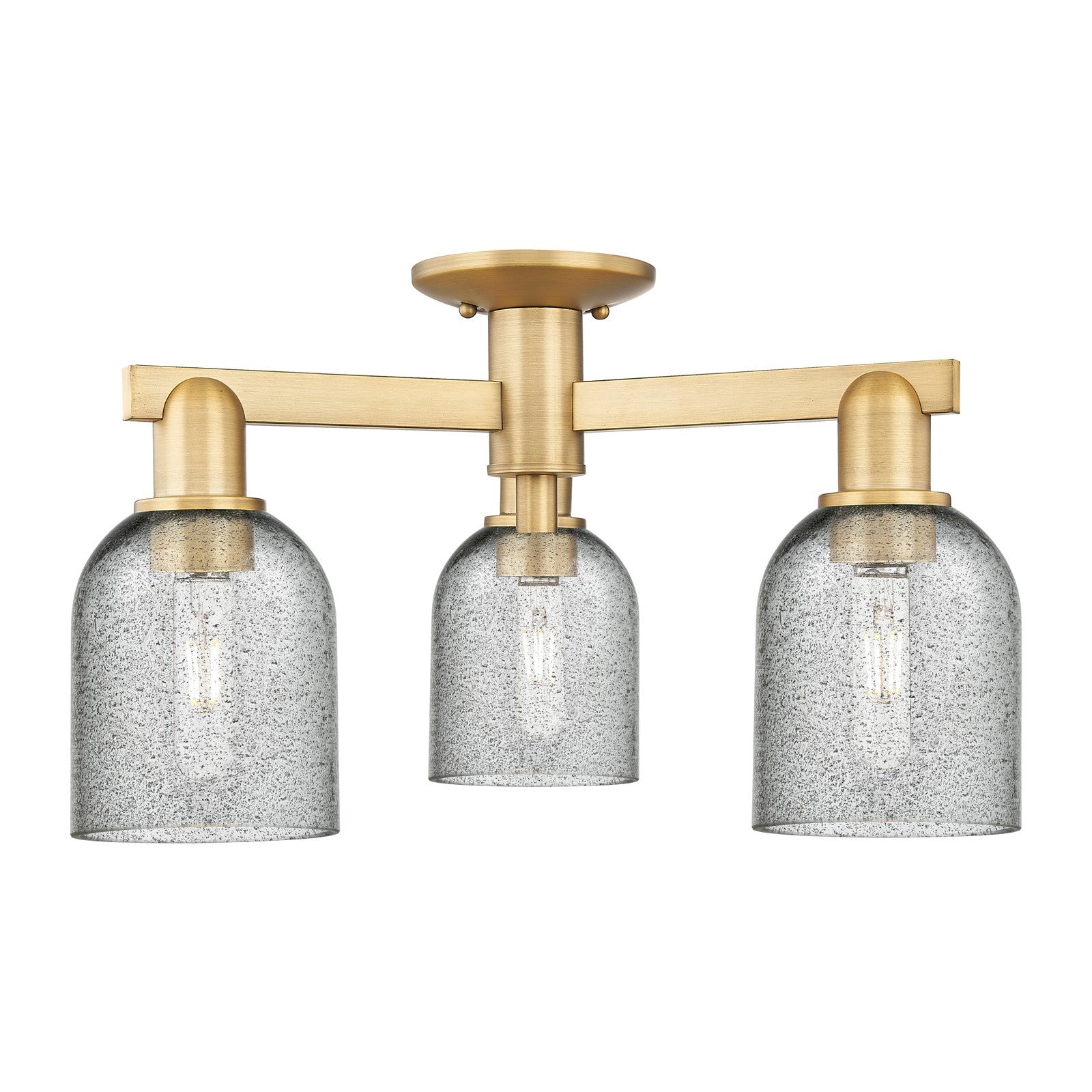 Innovations Caledonia 22.5in 3-Light Semi-Flush Mount | Industrial Brushed Brass Steel and Charcoal Glass | Kitchen & Hallway | Model 716-3F-BB-G257