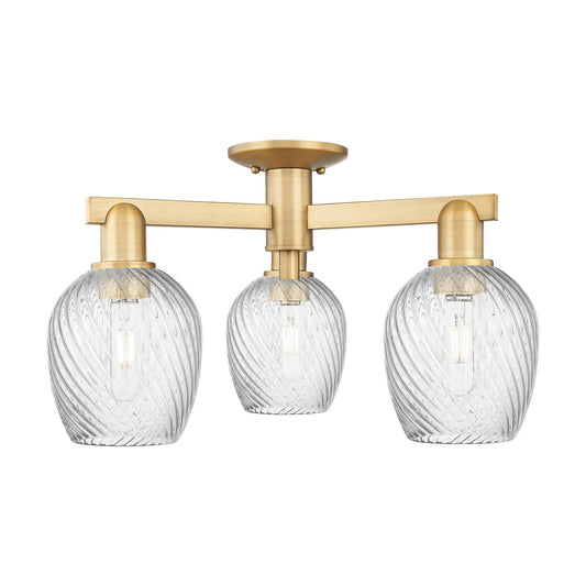 Innovations Salina 23in 3-Light Semi-Flush Mount | Industrial Brushed Brass and Clear Spiral Fluted Glass | Kitchen & Hallway | Model 716-3F-BB-G292