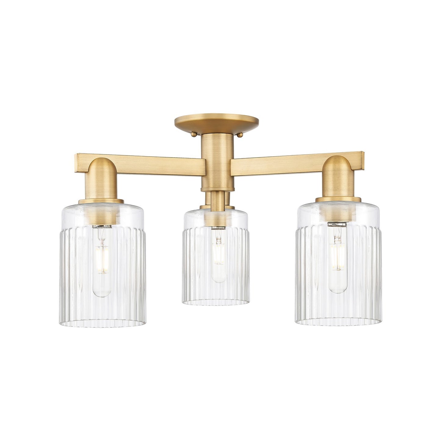 Innovations Hadley 22in 3-Light Semi-Flush Mount | Industrial Brushed Brass Steel and Clear Ribbed Glass | Entryway & Hallway | 22 | Model 716-3F-BB-G342