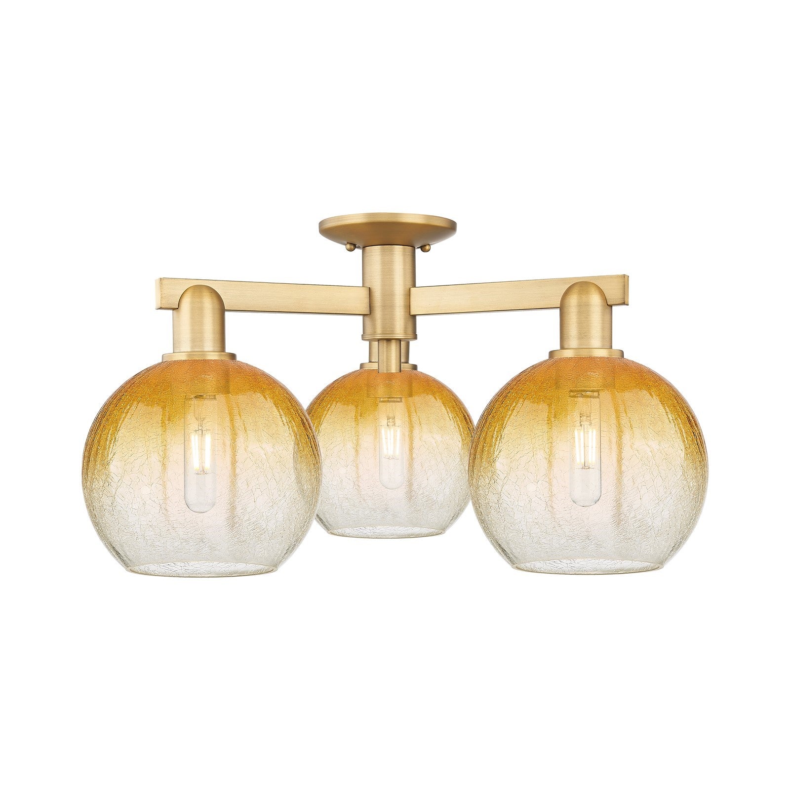 Innovations Brookhaven Globe 26in 3-Light Semi-Flush Mount | Industrial Brushed Brass Steel and Amber Glass | Entryway & | Model 716-3F-BB-G483-8AM