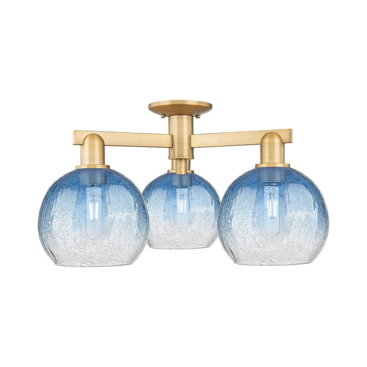 Innovations Brookhaven Globe 25.5in 3-Light Semi-Flush Mount | Industrial Brushed Brass and Sapphire Blue Glass | Entryway & | Model 716-3F-BB-G483-8SB