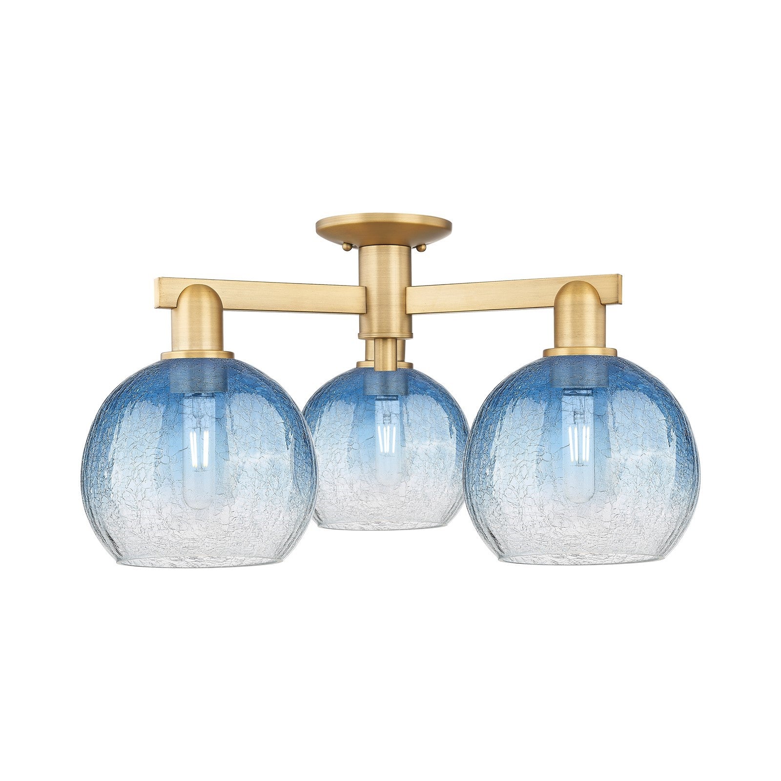 Innovations Brookhaven Globe 25.5in 3-Light Semi-Flush Mount | Industrial Brushed Brass and Sapphire Blue Glass | Entryway & | Model 716-3F-BB-G483-8SB