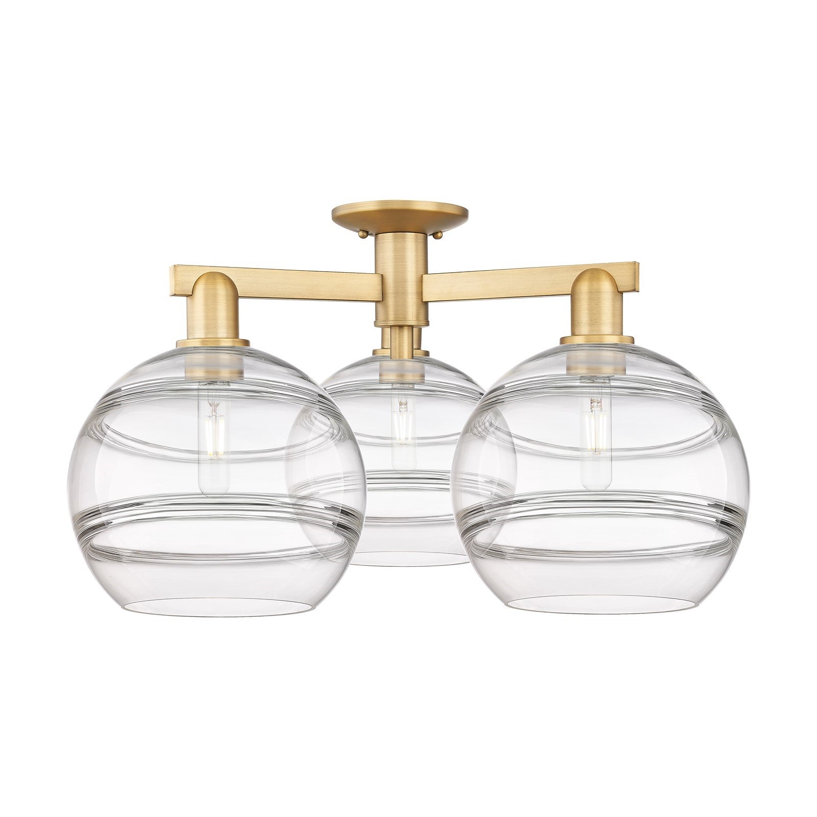 Innovations Rochester 28in 3-Light Semi-Flush Mount | Industrial Brushed Brass Steel and Clear Glass | Kitchen & Entryway | Model 716-3F-BB-G556-10CL