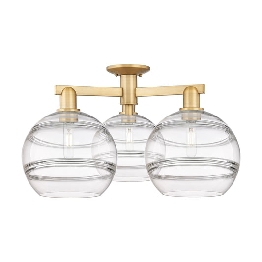 Innovations Rochester 28in 3-Light Semi-Flush Mount | Industrial Brushed Brass Steel and Clear Glass | Kitchen & Entryway | Model 716-3F-BB-G556-10CL