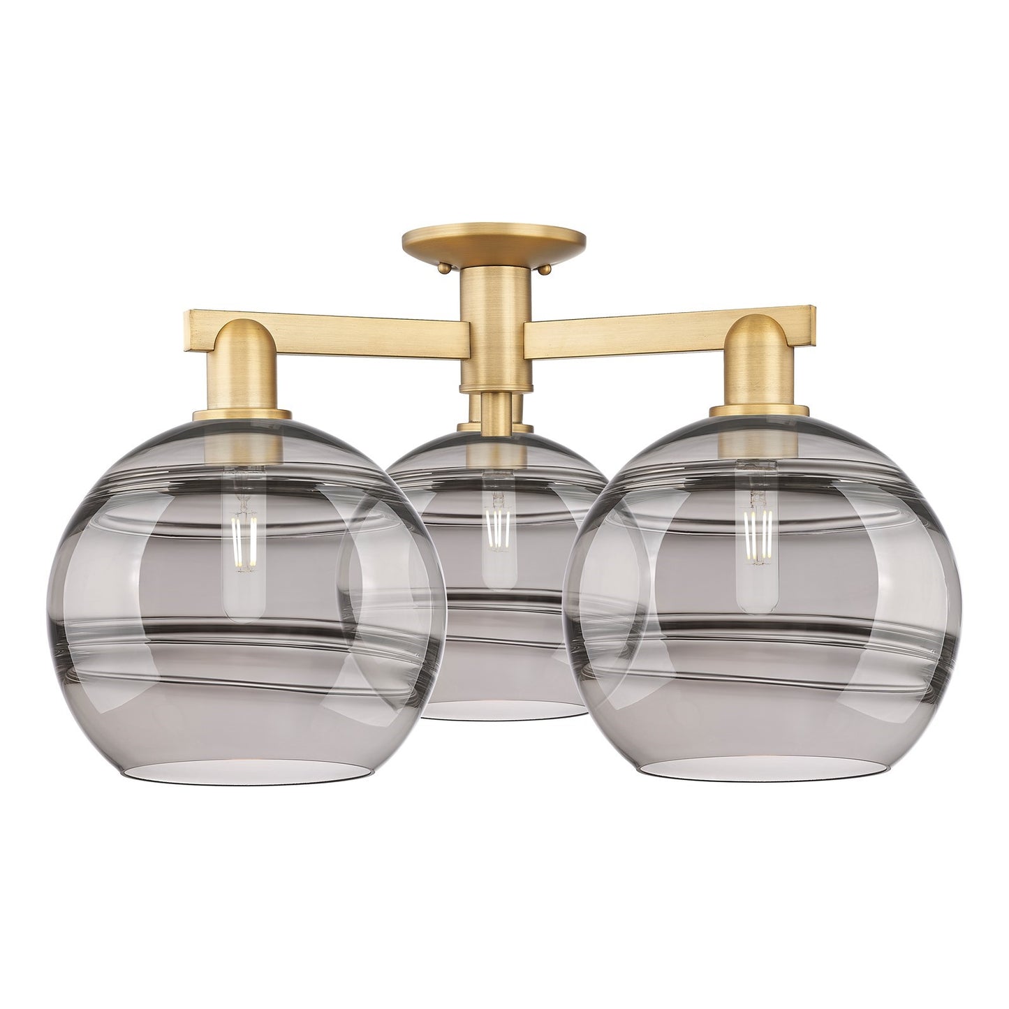 Innovations Rochester 28in 3-Light Semi-Flush | Industrial Brushed Brass and Light Smoke Glass | Kitchen & Entryway | 27.5 x | Model 716-3F-BB-G556-10SM
