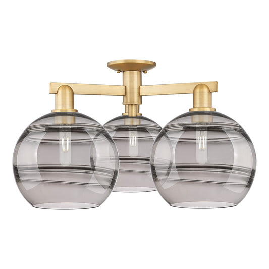 Innovations Rochester 28in 3-Light Semi-Flush | Industrial Brushed Brass and Light Smoke Glass | Kitchen & Entryway | 27.5 x | Model 716-3F-BB-G556-10SM